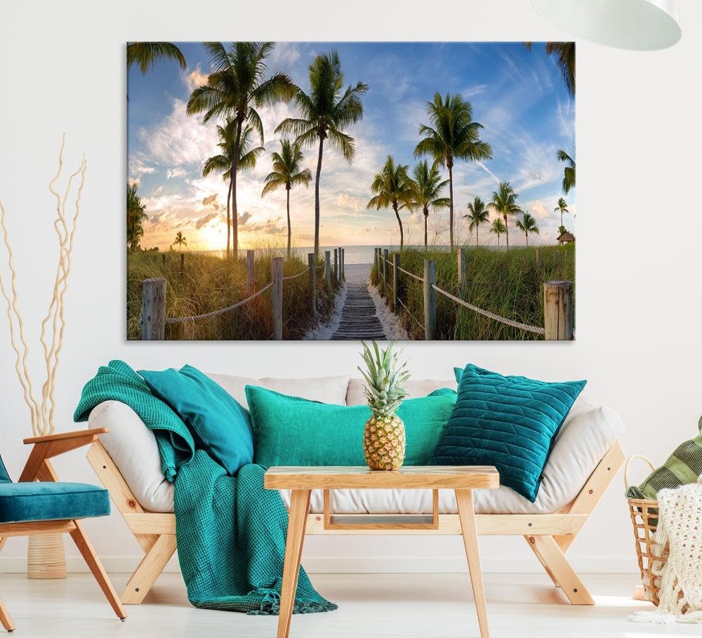 Beach and Palm Tree Wall Art, Beach Landscape Canvas, Sunset Print, Nature Ocean Canvas Art