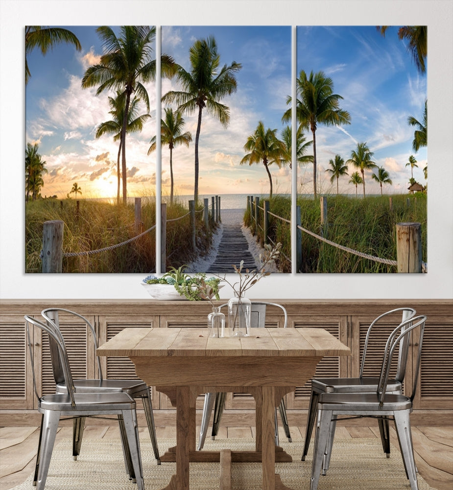 Beach and Palm Tree Wall Art, Beach Landscape Canvas, Sunset Print, Nature Ocean Canvas Art