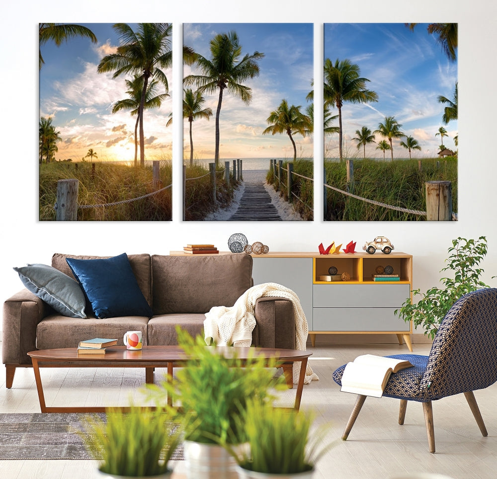 Beach and Palm Tree Wall Art, Beach Landscape Canvas, Sunset Print, Nature Ocean Canvas Art