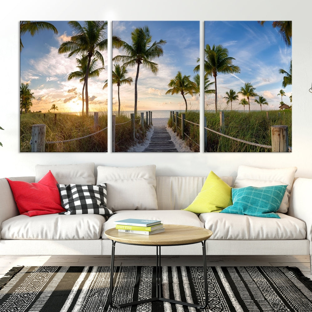 Beach and Palm Tree Wall Art, Beach Landscape Canvas, Sunset Print, Nature Ocean Canvas Art