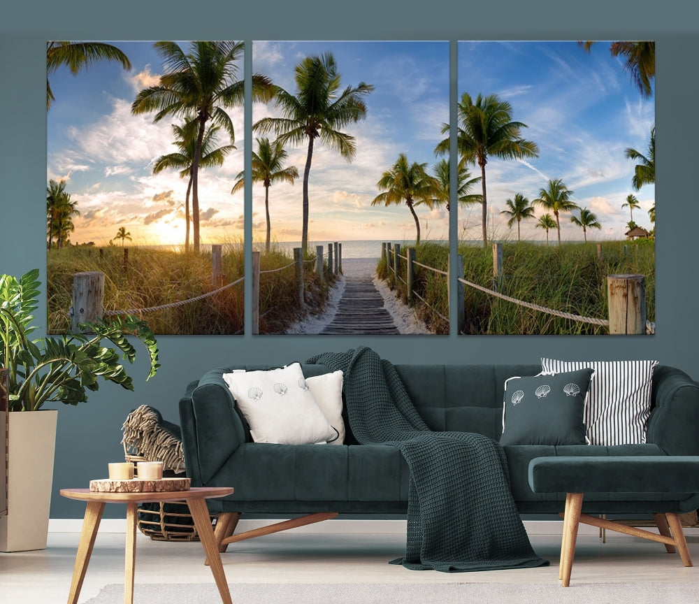 Beach and Palm Tree Wall Art, Beach Landscape Canvas, Sunset Print, Nature Ocean Canvas Art