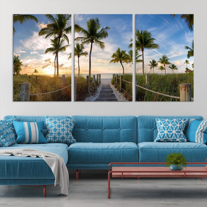 Beach and Palm Tree Wall Art, Beach Landscape Canvas, Sunset Print, Nature Ocean Canvas Art