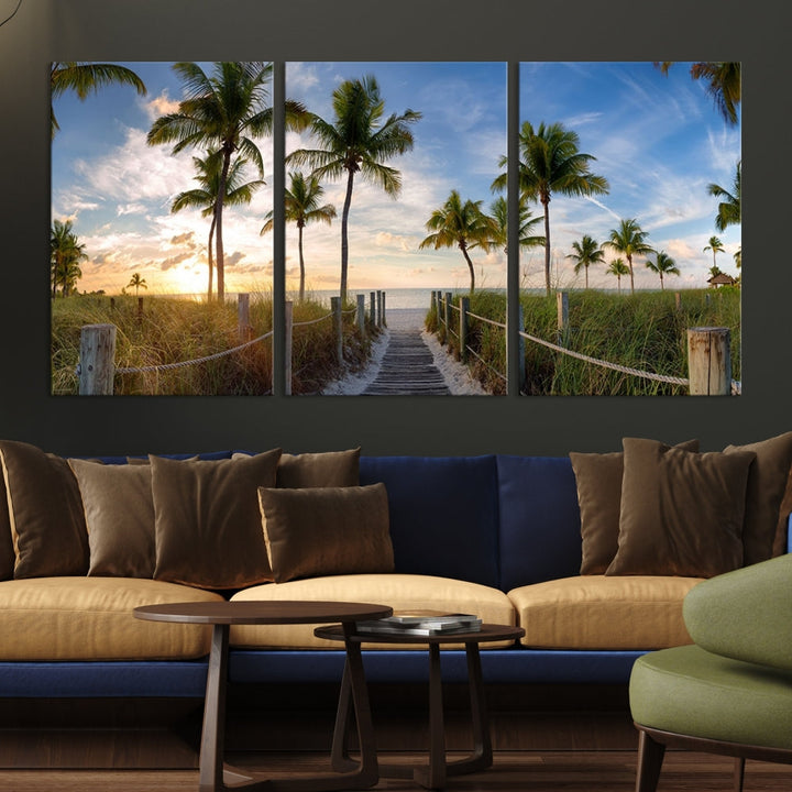 Beach and Palm Tree Wall Art, Beach Landscape Canvas, Sunset Print, Nature Ocean Canvas Art