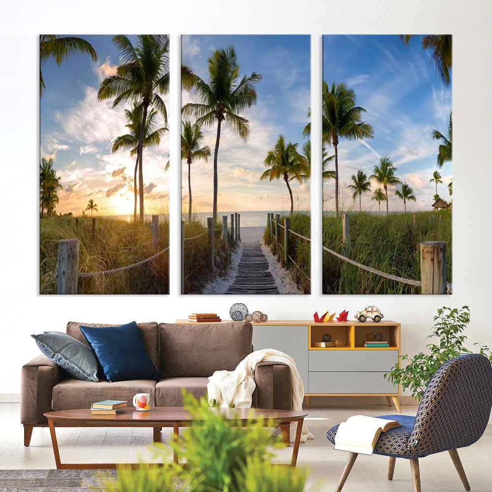 Beach and Palm Tree Wall Art, Beach Landscape Canvas, Sunset Print, Nature Ocean Canvas Art