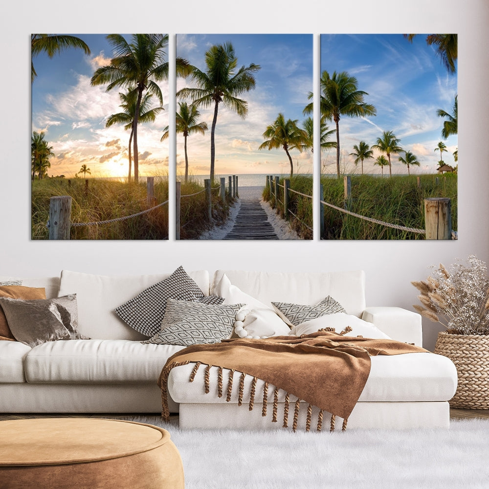 Beach and Palm Tree Wall Art, Beach Landscape Canvas, Sunset Print, Nature Ocean Canvas Art