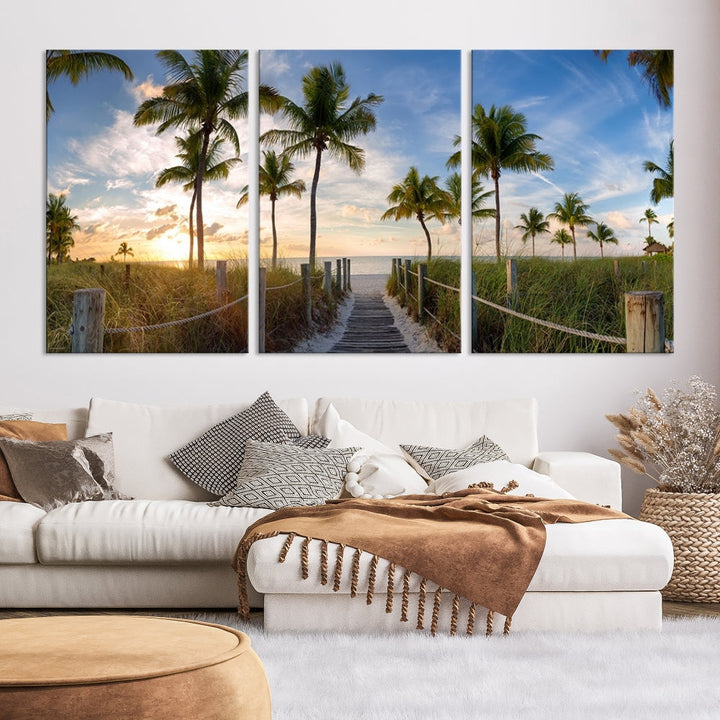 Beach and Palm Tree Wall Art, Beach Landscape Canvas, Sunset Print, Nature Ocean Canvas Art