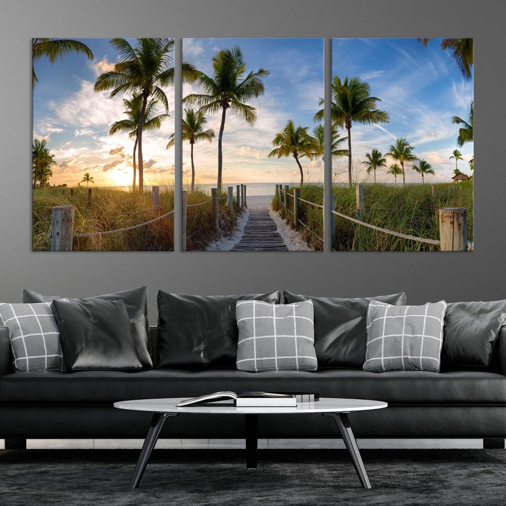 Beach and Palm Tree Wall Art, Beach Landscape Canvas, Sunset Print, Nature Ocean Canvas Art