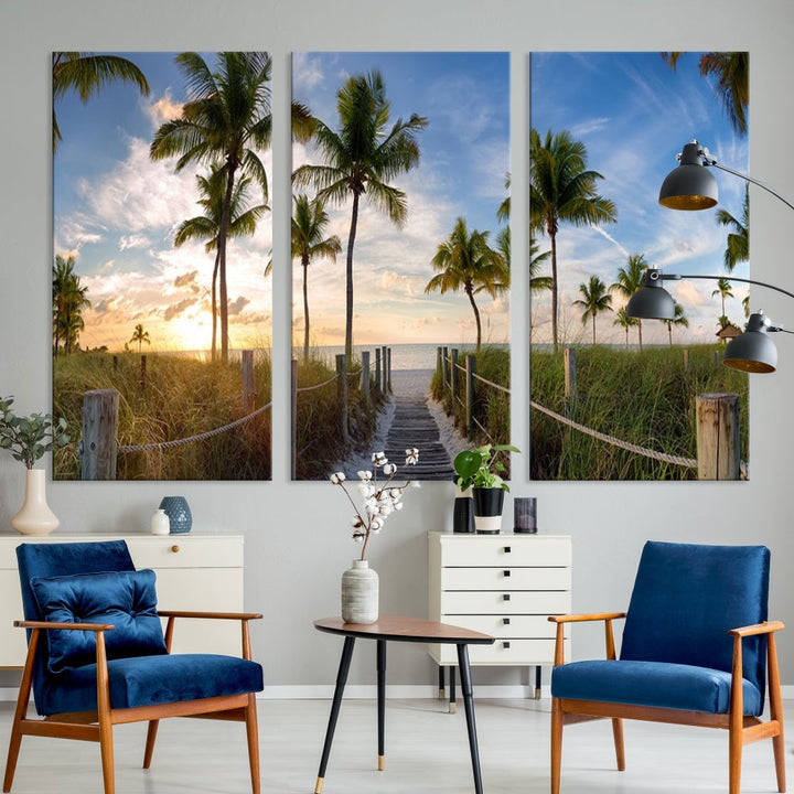 Beach and Palm Tree Wall Art, Beach Landscape Canvas, Sunset Print, Nature Ocean Canvas Art