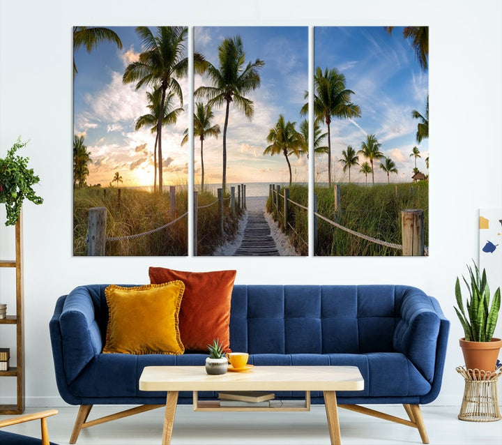 Beach and Palm Tree Wall Art, Beach Landscape Canvas, Sunset Print, Nature Ocean Canvas Art