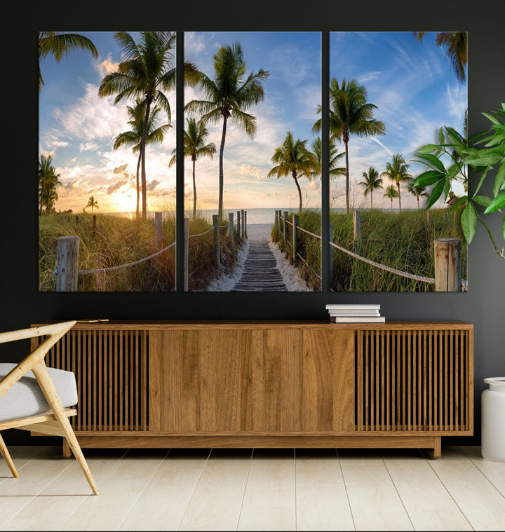 Beach and Palm Tree Wall Art, Beach Landscape Canvas, Sunset Print, Nature Ocean Canvas Art