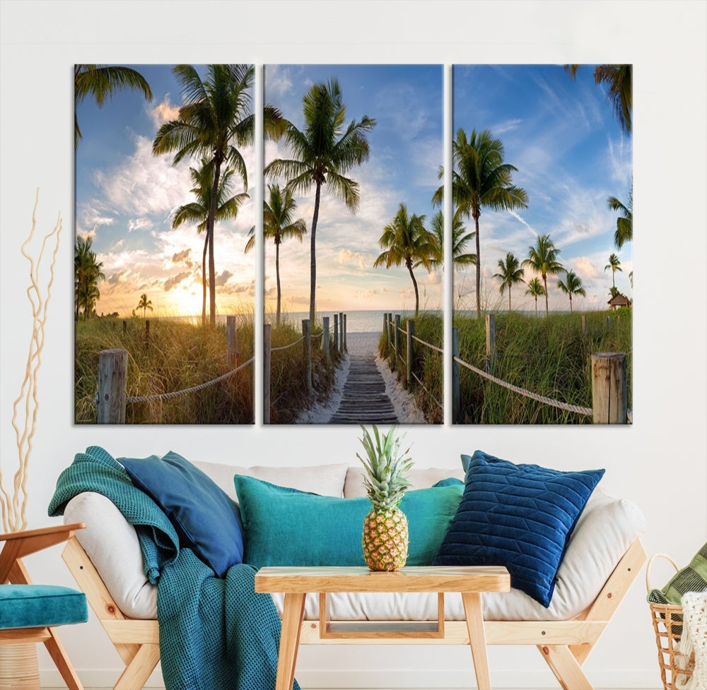 Beach and Palm Tree Wall Art, Beach Landscape Canvas, Sunset Print, Nature Ocean Canvas Art