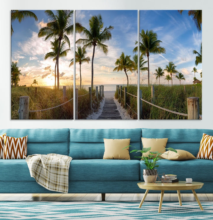 Beach and Palm Tree Wall Art, Beach Landscape Canvas, Sunset Print, Nature Ocean Canvas Art