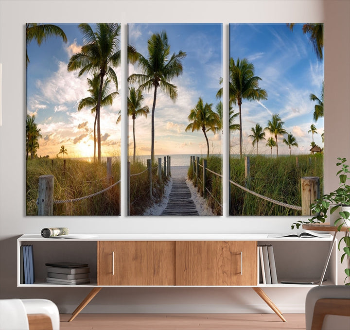 Beach and Palm Tree Wall Art, Beach Landscape Canvas, Sunset Print, Nature Ocean Canvas Art