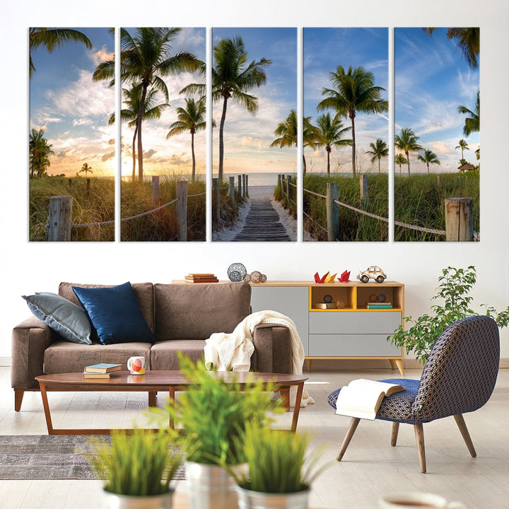 Beach and Palm Tree Wall Art, Beach Landscape Canvas, Sunset Print, Nature Ocean Canvas Art