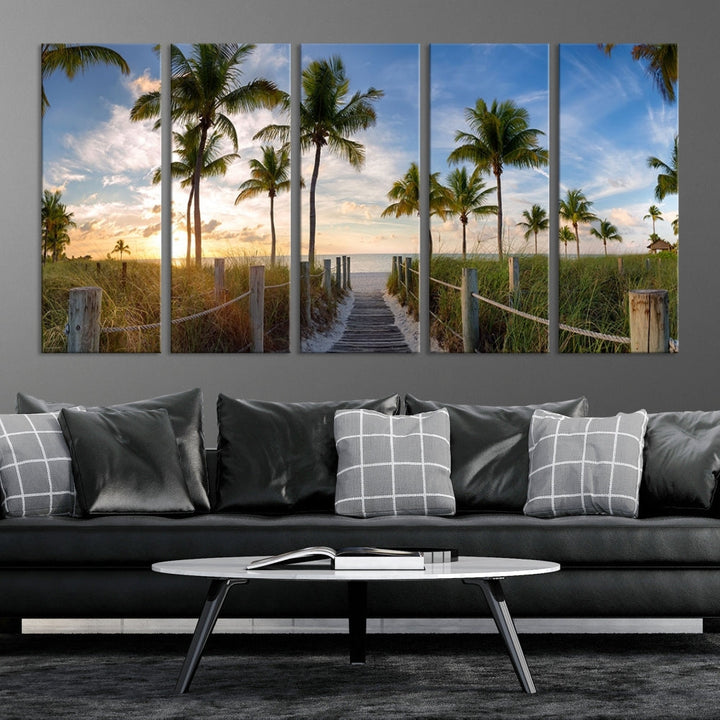 Beach and Palm Tree Wall Art, Beach Landscape Canvas, Sunset Print, Nature Ocean Canvas Art