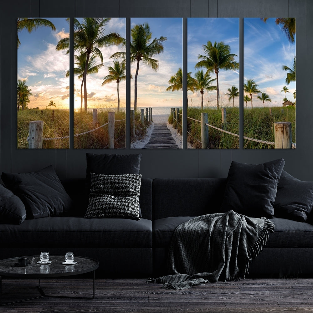 Beach and Palm Tree Wall Art, Beach Landscape Canvas, Sunset Print, Nature Ocean Canvas Art