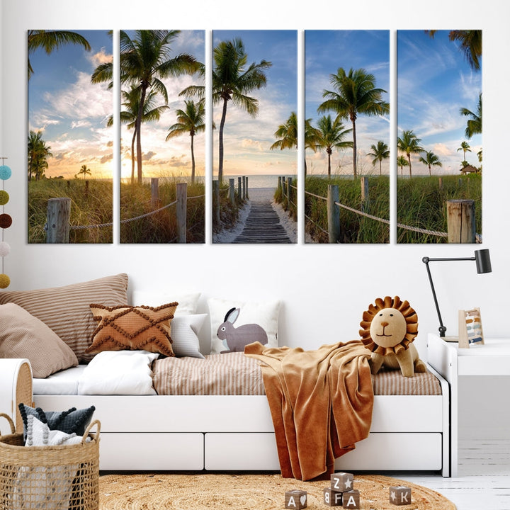 Beach and Palm Tree Wall Art, Beach Landscape Canvas, Sunset Print, Nature Ocean Canvas Art