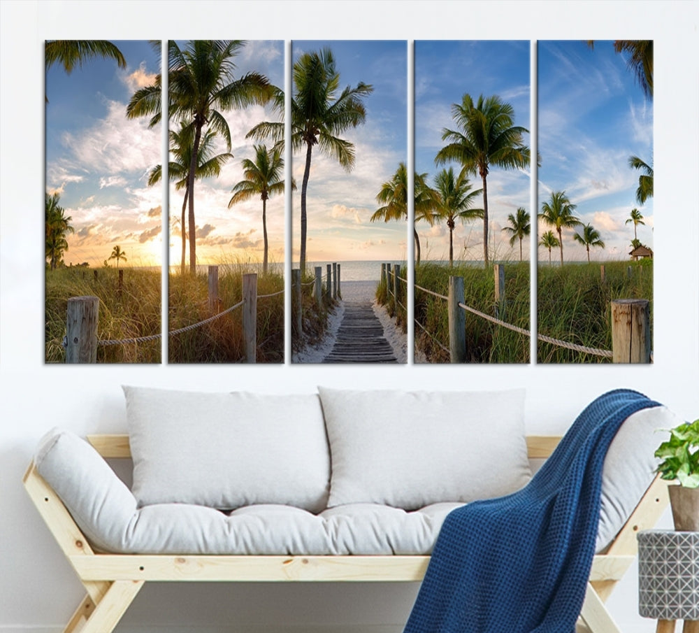 Beach and Palm Tree Wall Art, Beach Landscape Canvas, Sunset Print, Nature Ocean Canvas Art