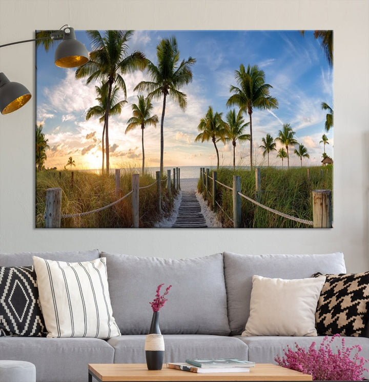 Beach and Palm Tree Wall Art, Beach Landscape Canvas, Sunset Print, Nature Ocean Canvas Art