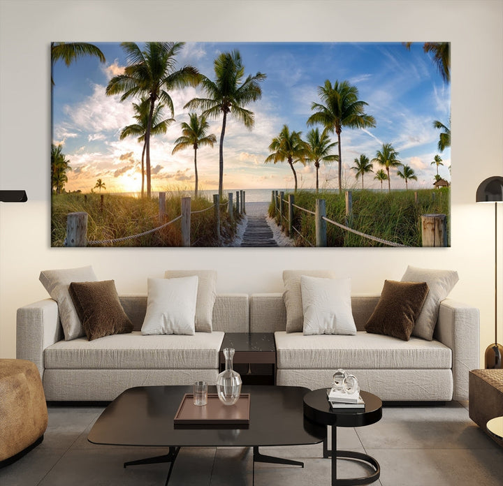 Beach and Palm Tree Wall Art, Beach Landscape Canvas, Sunset Print, Nature Ocean Canvas Art