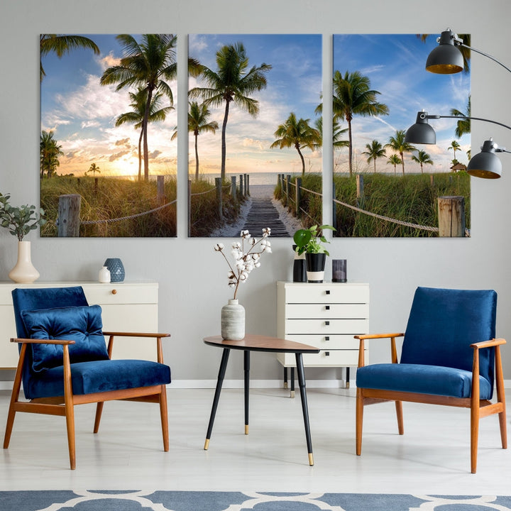 Beach and Palm Tree Wall Art, Beach Landscape Canvas, Sunset Print, Nature Ocean Canvas Art