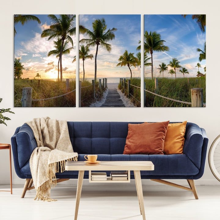 Beach and Palm Tree Wall Art, Beach Landscape Canvas, Sunset Print, Nature Ocean Canvas Art