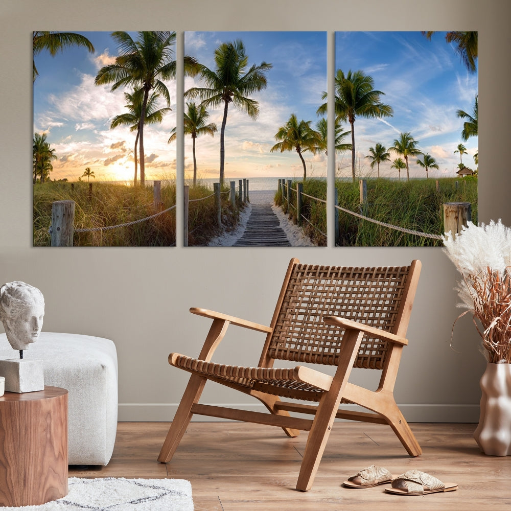 Beach and Palm Tree Wall Art, Beach Landscape Canvas, Sunset Print, Nature Ocean Canvas Art