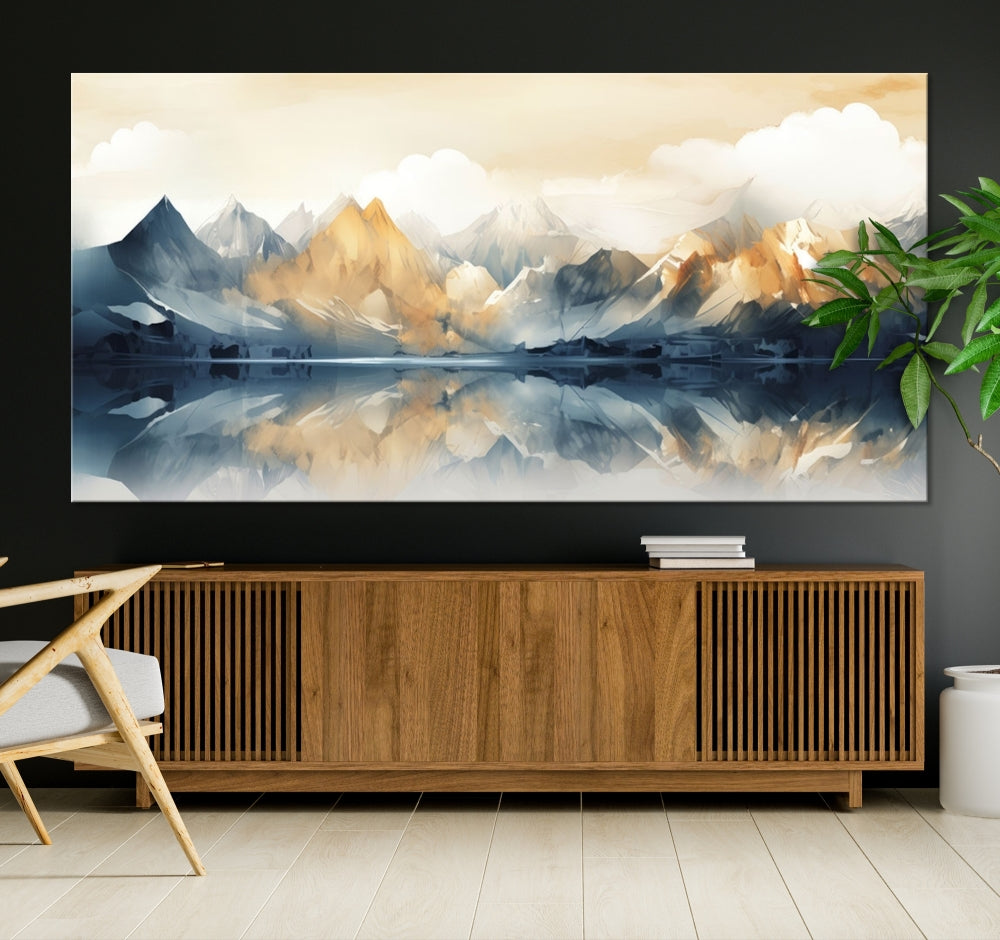 Large Abstract Mountain Landscape Wall Art Lake View Nature Painting Framed Canvas Print