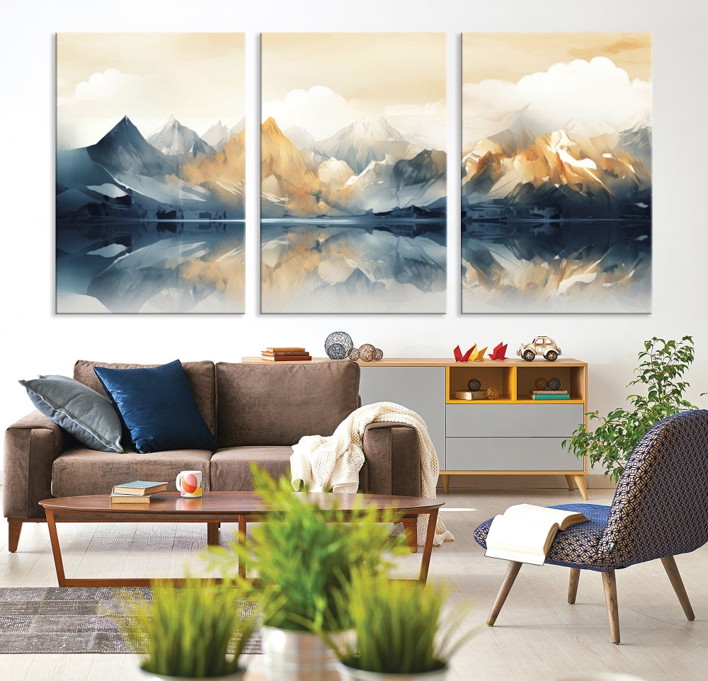 Large Abstract Mountain Landscape Wall Art Lake View Nature Painting Framed Canvas Print