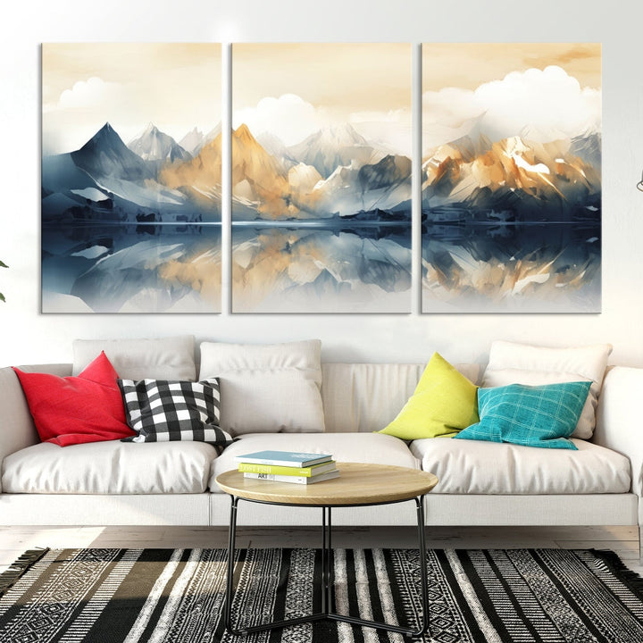 Large Abstract Mountain Landscape Wall Art Lake View Nature Painting Framed Canvas Print