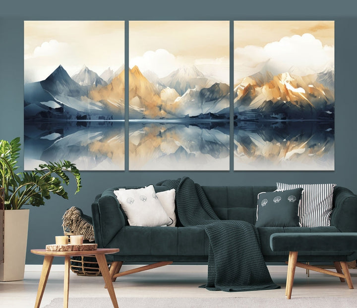 Large Abstract Mountain Landscape Wall Art Lake View Nature Painting Framed Canvas Print