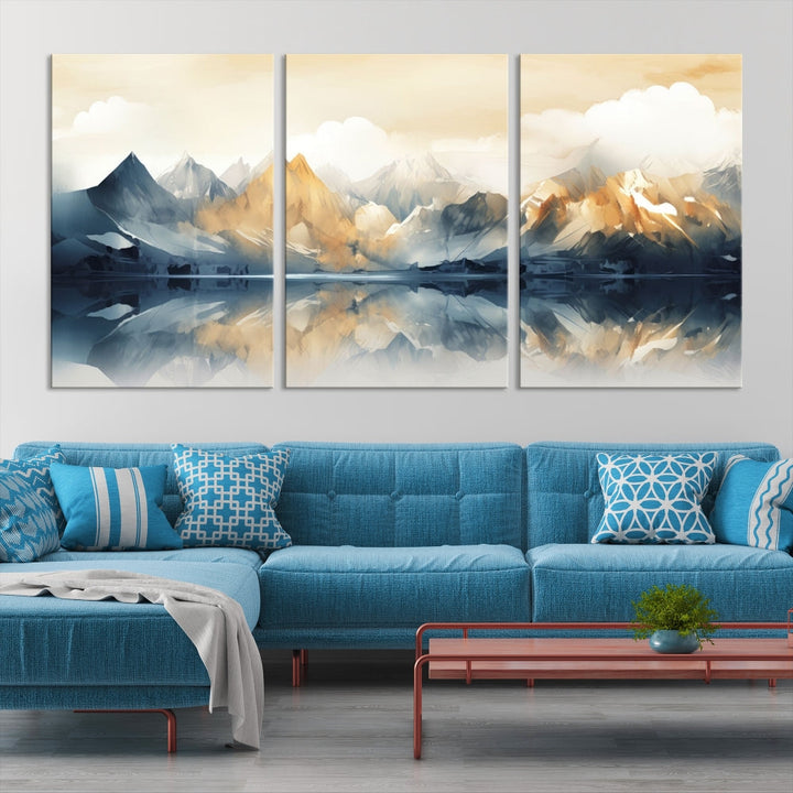 Large Abstract Mountain Landscape Wall Art Lake View Nature Painting Framed Canvas Print