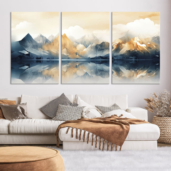 Large Abstract Mountain Landscape Wall Art Lake View Nature Painting Framed Canvas Print