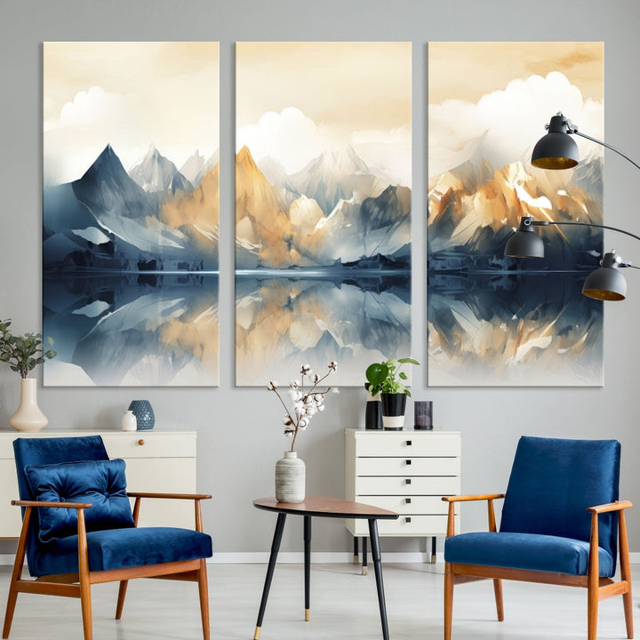 Large Abstract Mountain Landscape Wall Art Lake View Nature Painting Framed Canvas Print