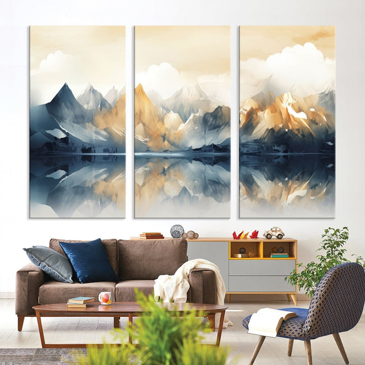 Large Abstract Mountain Landscape Wall Art Lake View Nature Painting Framed Canvas Print