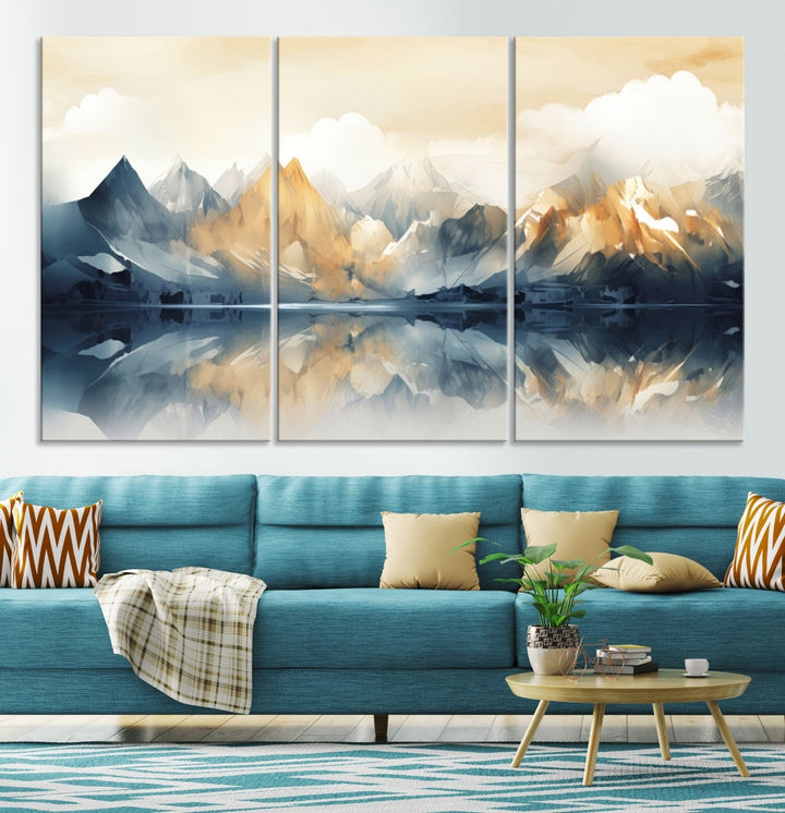 Large Abstract Mountain Landscape Wall Art Lake View Nature Painting Framed Canvas Print