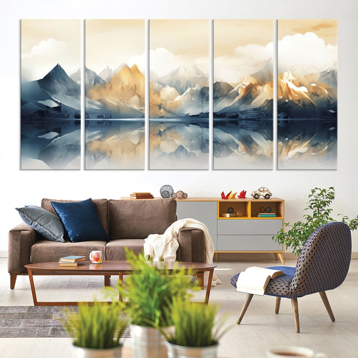 Large Abstract Mountain Landscape Wall Art Lake View Nature Painting Framed Canvas Print