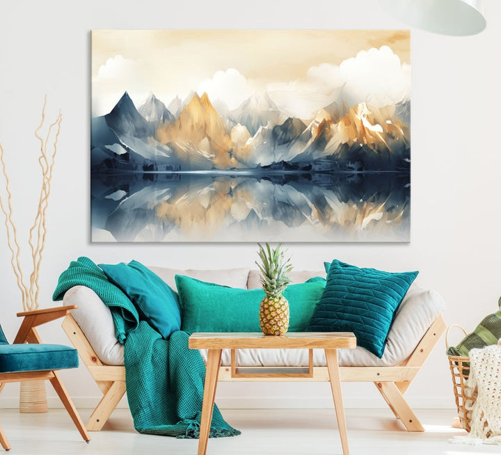 Large Abstract Mountain Landscape Wall Art Lake View Nature Painting Framed Canvas Print