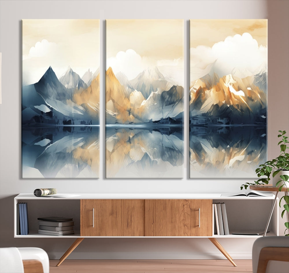 Large Abstract Mountain Landscape Wall Art Lake View Nature Painting Framed Canvas Print