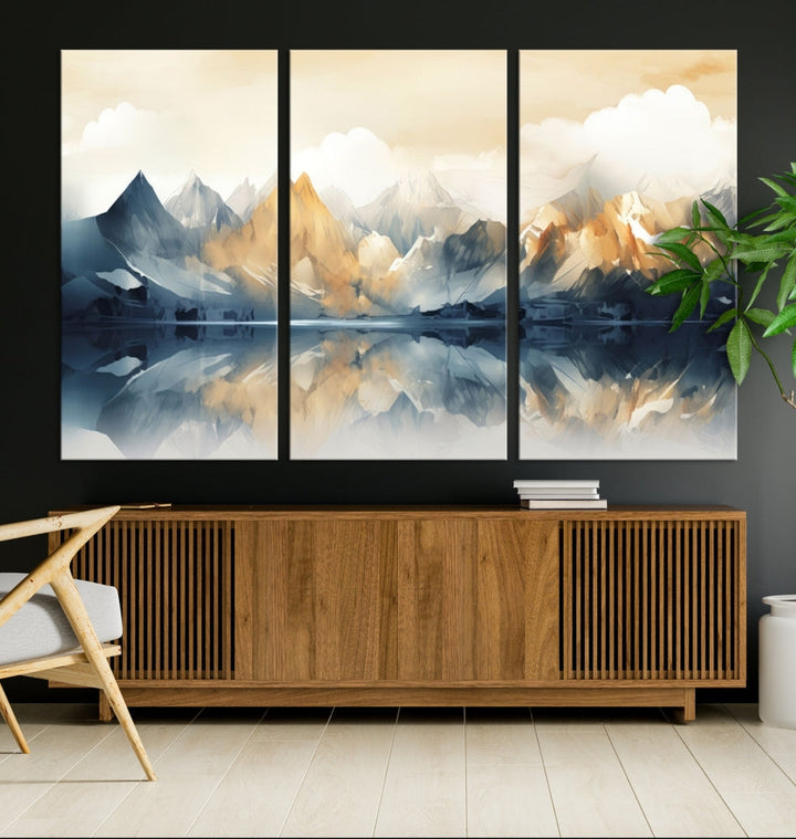 Large Abstract Mountain Landscape Wall Art Lake View Nature Painting Framed Canvas Print