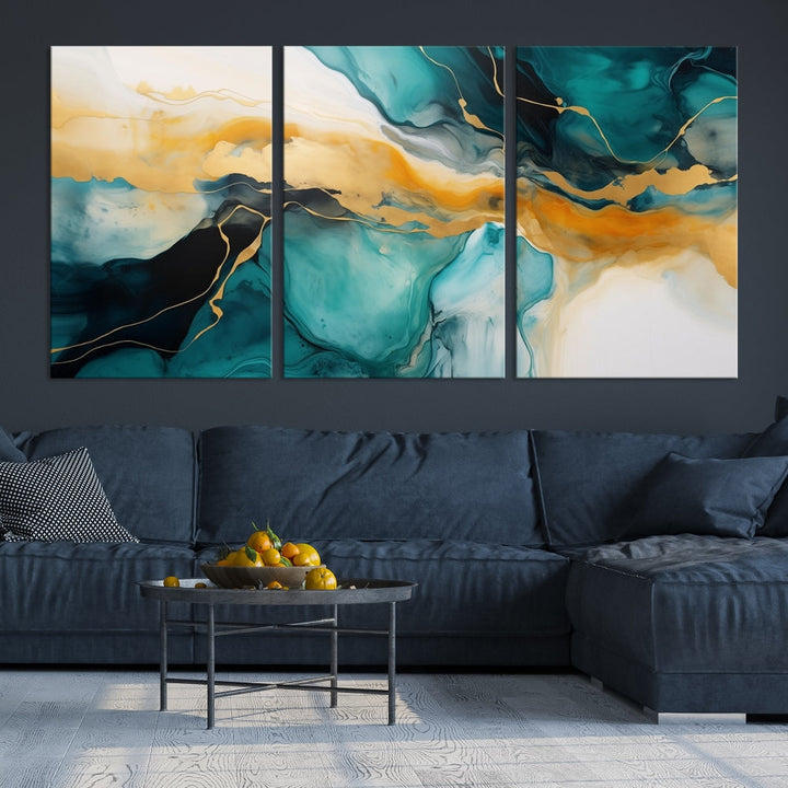 Large Abstract Painting Modern Canvas Wall Art Set of Shades of Blue Green Art Print