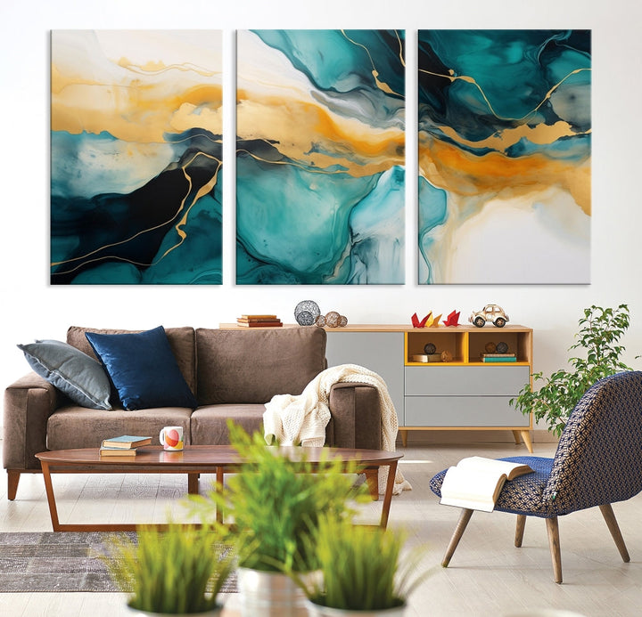 Large Abstract Painting Modern Canvas Wall Art Set of Shades of Blue Green Art Print