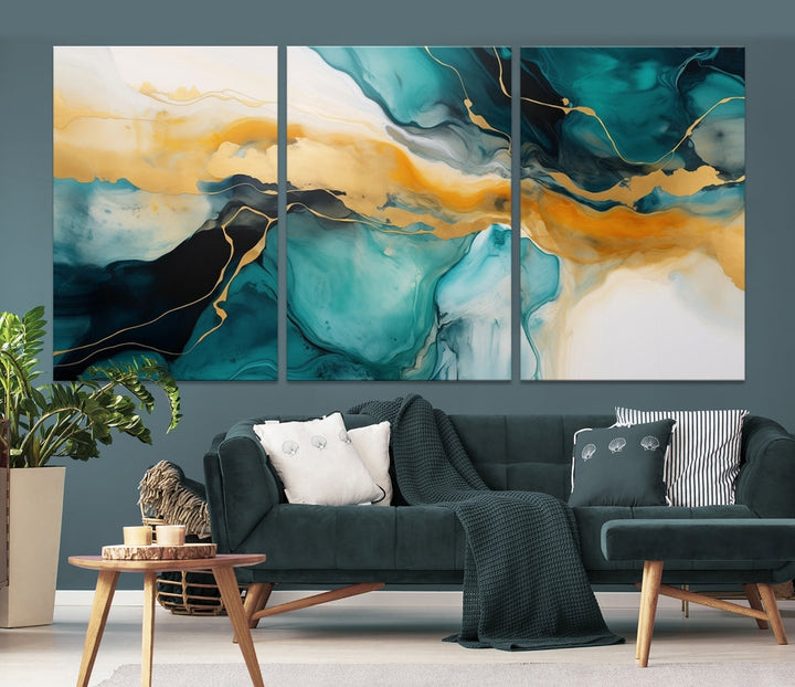 Large Abstract Painting Modern Canvas Wall Art Set of Shades of Blue Green Art Print