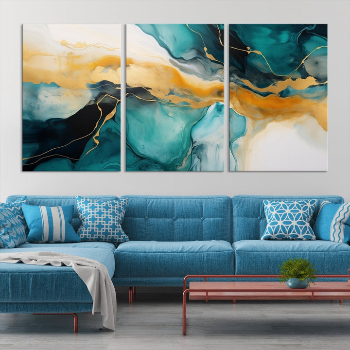 Large Abstract Painting Modern Canvas Wall Art Set of Shades of Blue Green Art Print