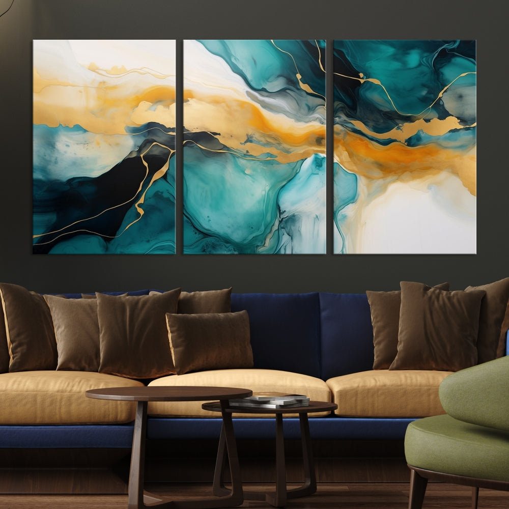 Large Abstract Painting Modern Canvas Wall Art Set of Shades of Blue Green Art Print