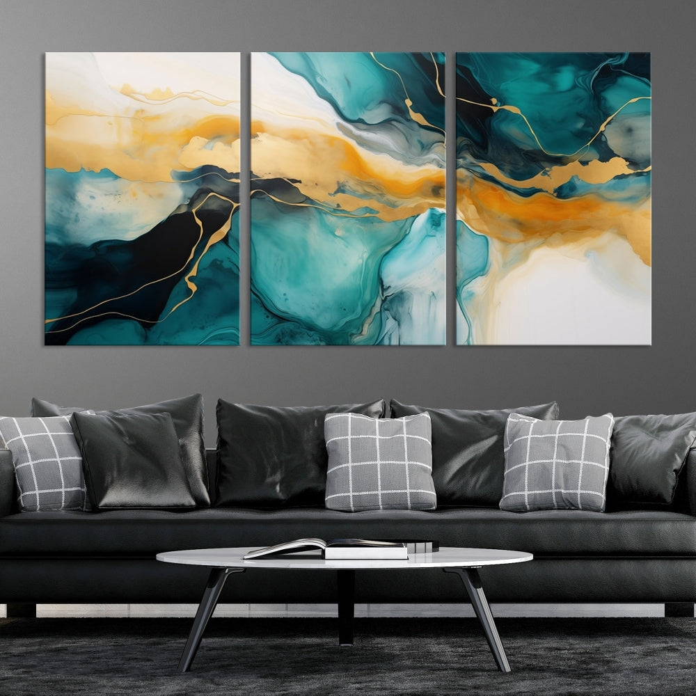 Large Abstract Painting Modern Canvas Wall Art Set of Shades of Blue Green Art Print