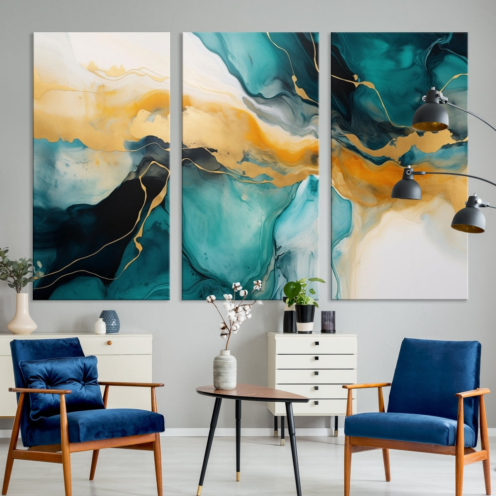 Large Abstract Painting Modern Canvas Wall Art Set of Shades of Blue Green Art Print