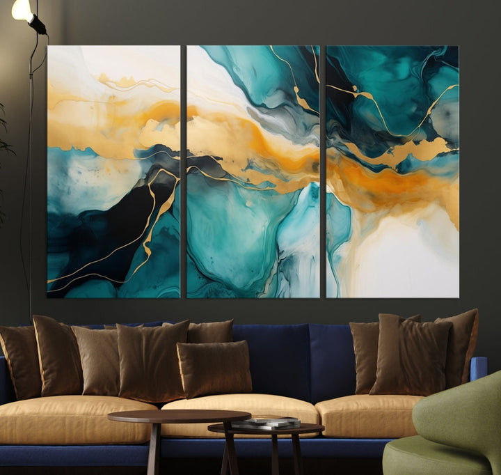 Large Abstract Painting Modern Canvas Wall Art Set of Shades of Blue Green Art Print