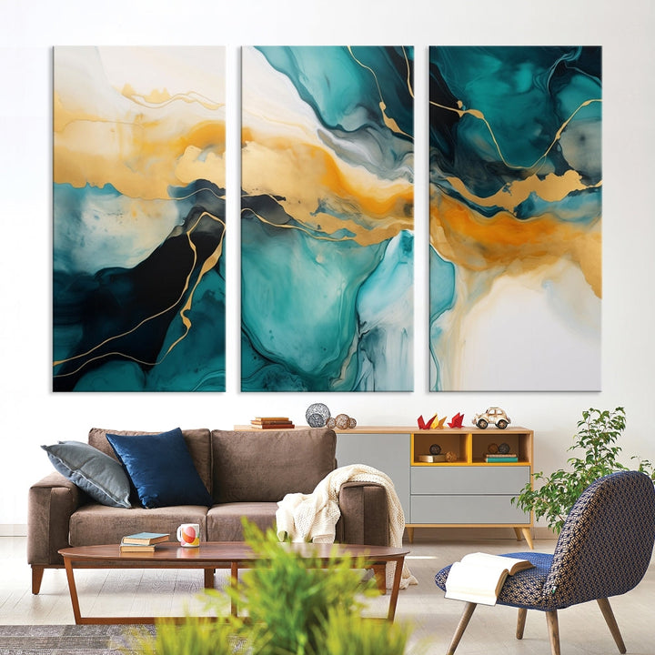 Large Abstract Painting Modern Canvas Wall Art Set of Shades of Blue Green Art Print