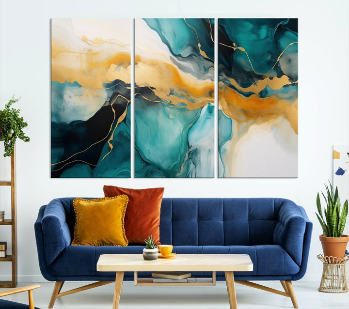 Large Abstract Painting Modern Canvas Wall Art Set of Shades of Blue Green Art Print